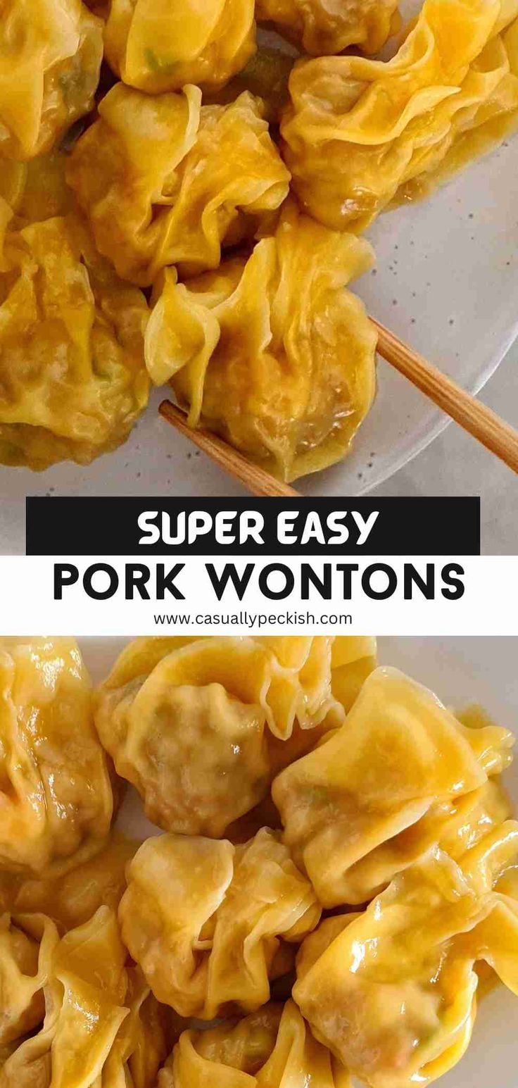 close up of cooked wontons with captions Pork Bun Recipe Easy, Pork Fried Wontons, Wonton Wrapper Recipe, Pork Wonton Recipes, Won Ton Recipes, Easy Dumpling Recipe, Homemade Chinese Dumplings, Wonton Filling Recipes, Chinese Pork Dumplings