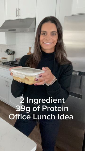 a woman is holding a sandwich in her hands with the words ingredient 39g of protein office lunch idea