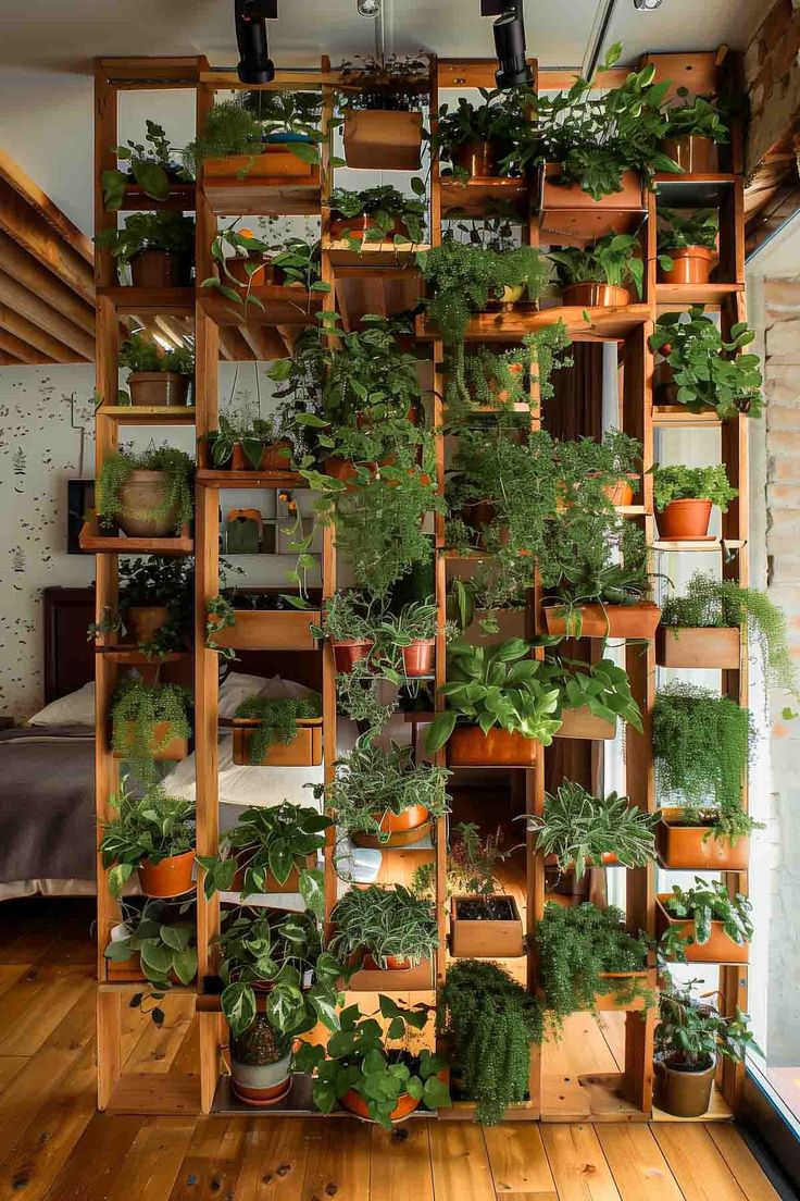 a room filled with lots of plants and potted plants on top of wooden shelves