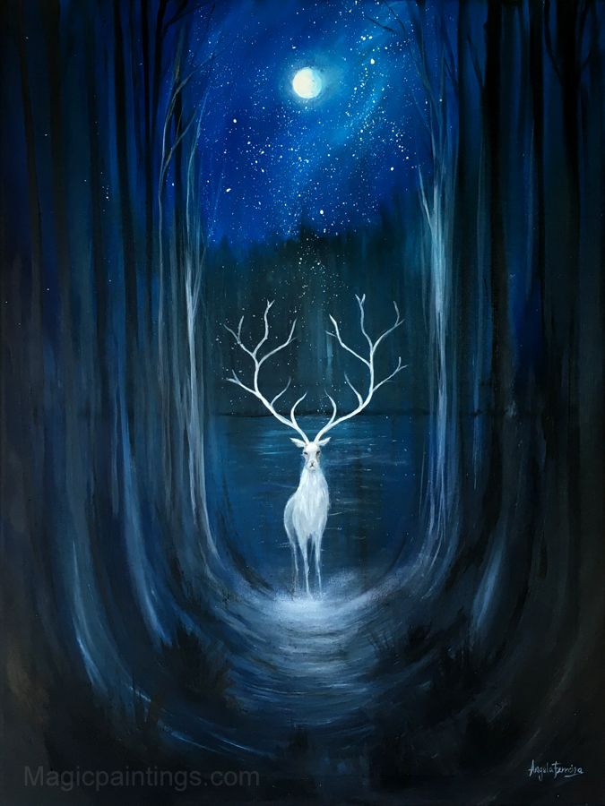 a painting of a deer standing in the middle of a forest under a night sky