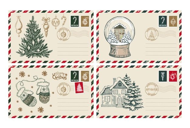 four postcards with christmas stamps on them