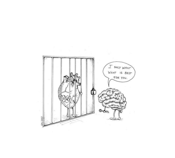 a cartoon drawing of a man standing in front of a gate with a brain behind him