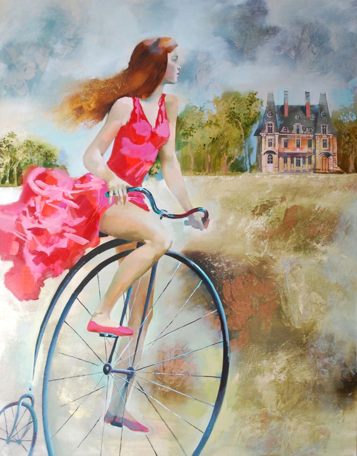 a painting of a woman in a red dress riding an old fashioned bicycle