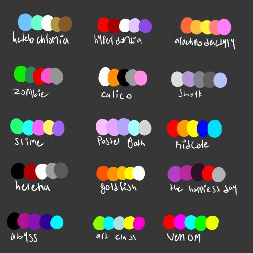 the color chart for different colors and names on a black background with white writing, which includes