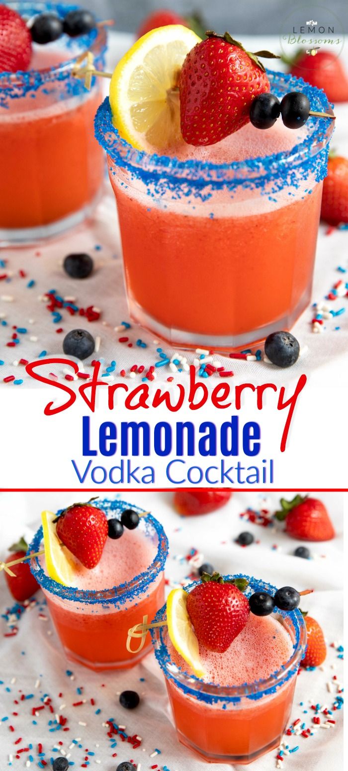 strawberry lemonade vodka cocktail in glasses with strawberries and blueberries on the rim