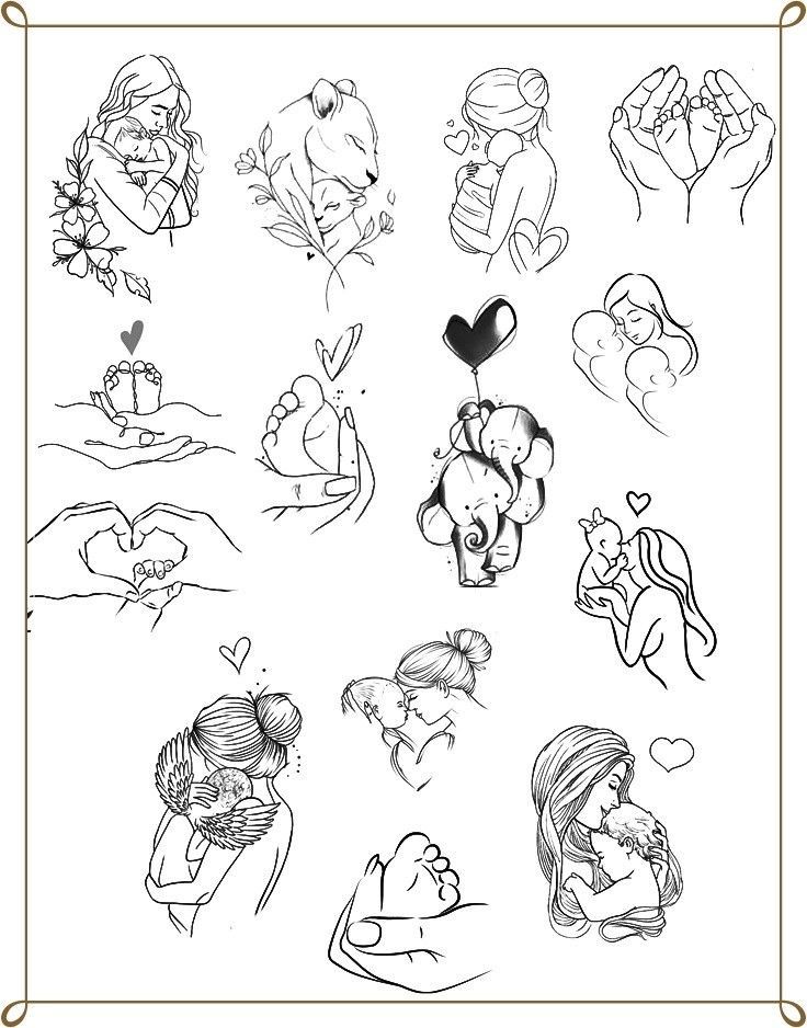 some drawings of people and animals with hearts on their hands, one is holding a baby