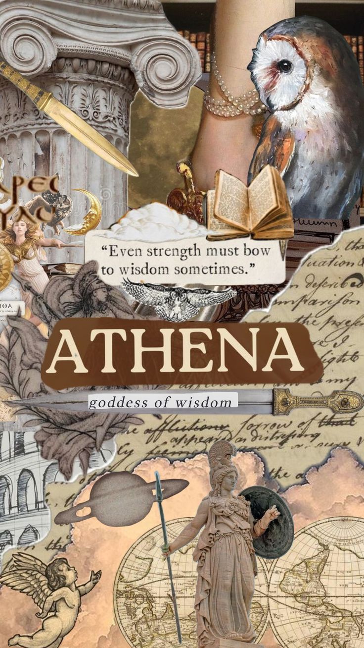 an altered collage with the words athena written in brown and white on it