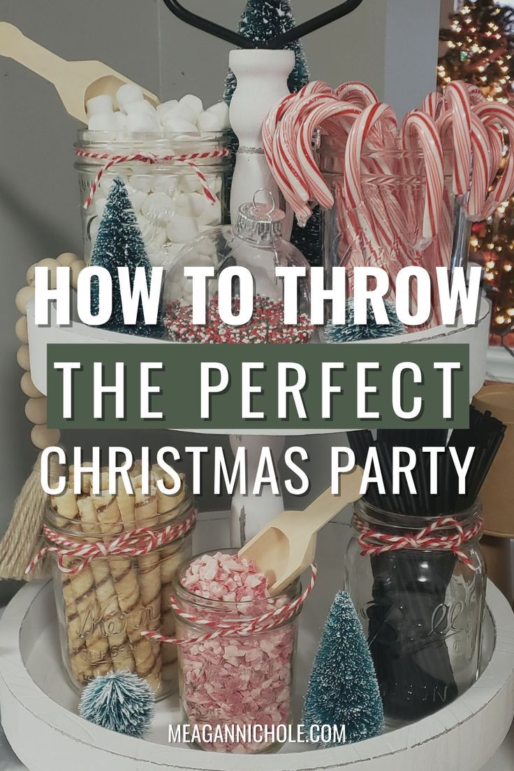 the perfect christmas party with candy canes, cookies and marshmallows in jars