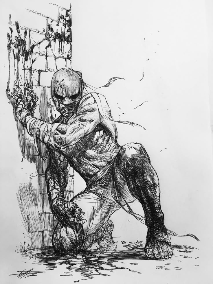 a black and white drawing of a man kneeling down