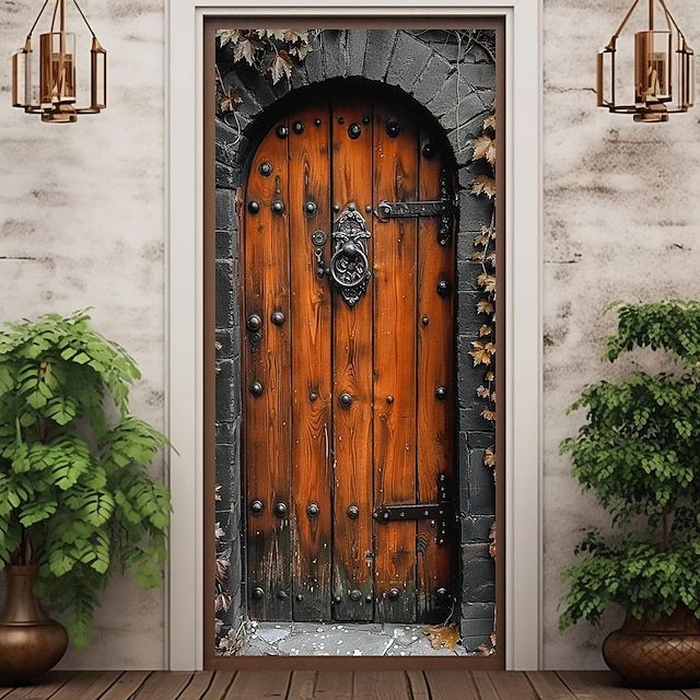 an image of a door that is in the middle of a room with potted plants