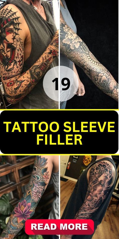 the cover up for tattoo sleeve filler is shown in three different photos, including one with