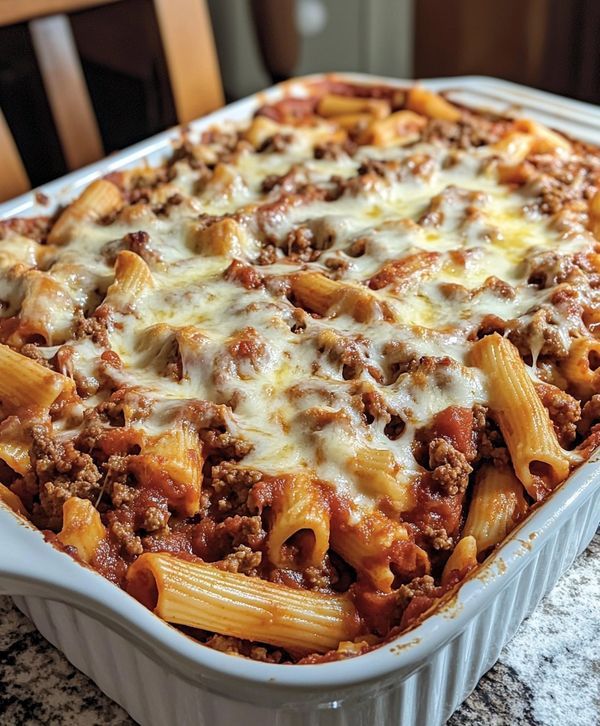 a casserole dish filled with pasta and meat