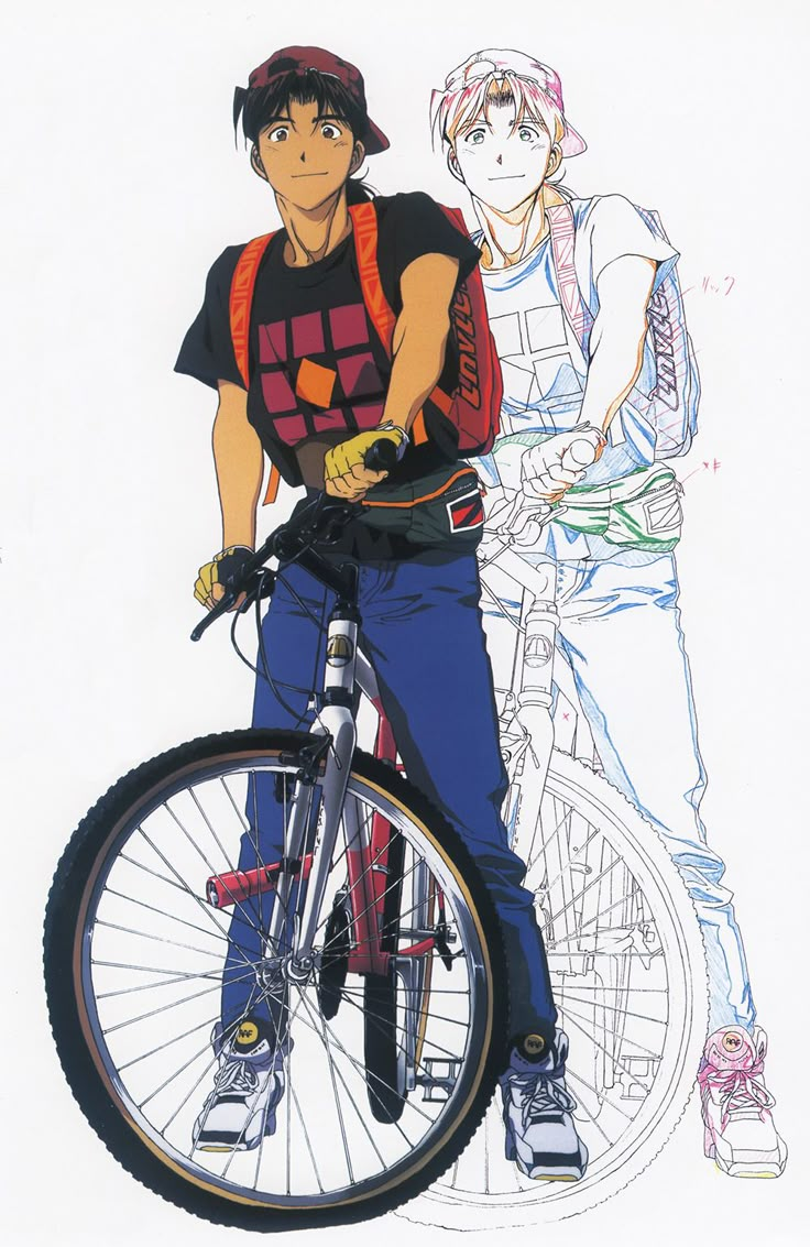 an anime character standing next to a bike with another person in the background behind him