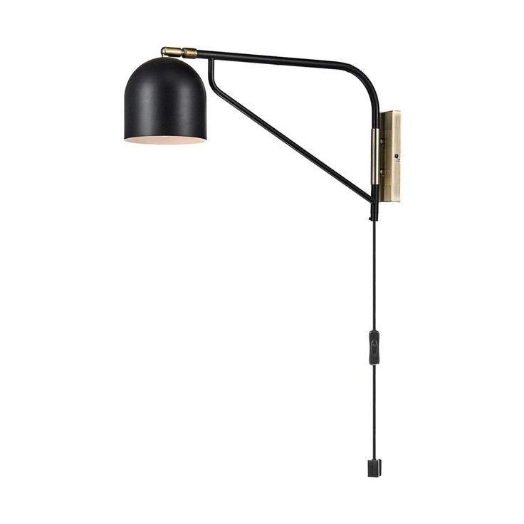 a black and gold wall lamp on a white background, with the arm extended to one side