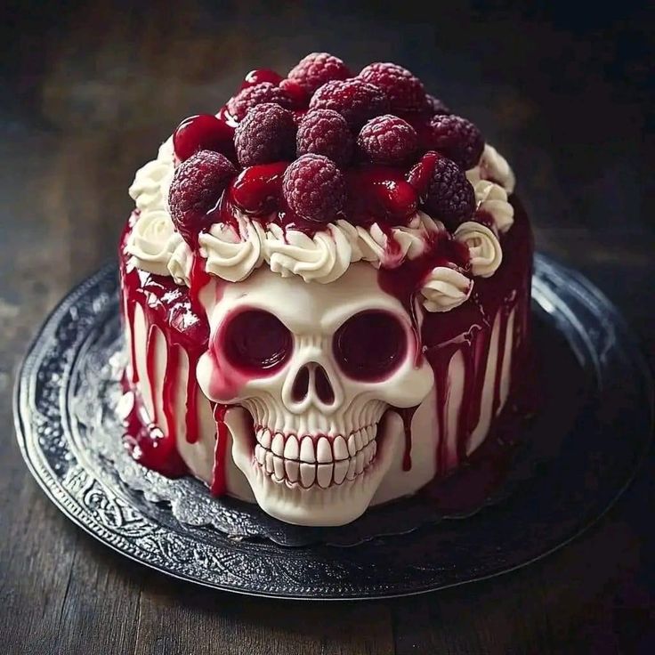 a cake with white frosting and raspberries on top is decorated like a skull