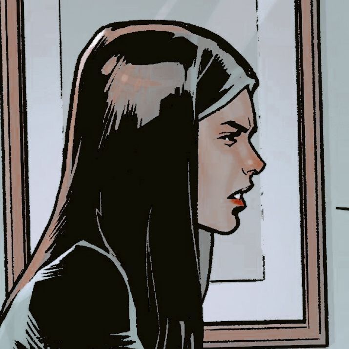 a drawing of a woman with long black hair looking out the window at her reflection