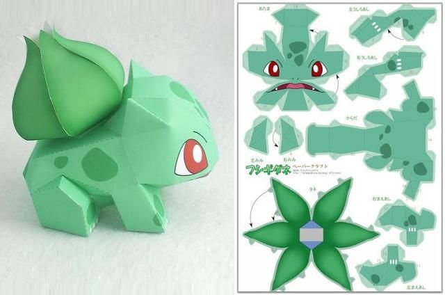 an origami paper model of a green elephant with red eyes and large ears