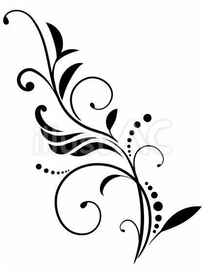 a black and white floral design with swirls on the petals, leaves and dots