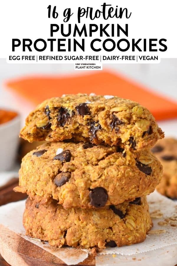 two cookies stacked on top of each other with text overlay that reads 16 protein pumpkin protein