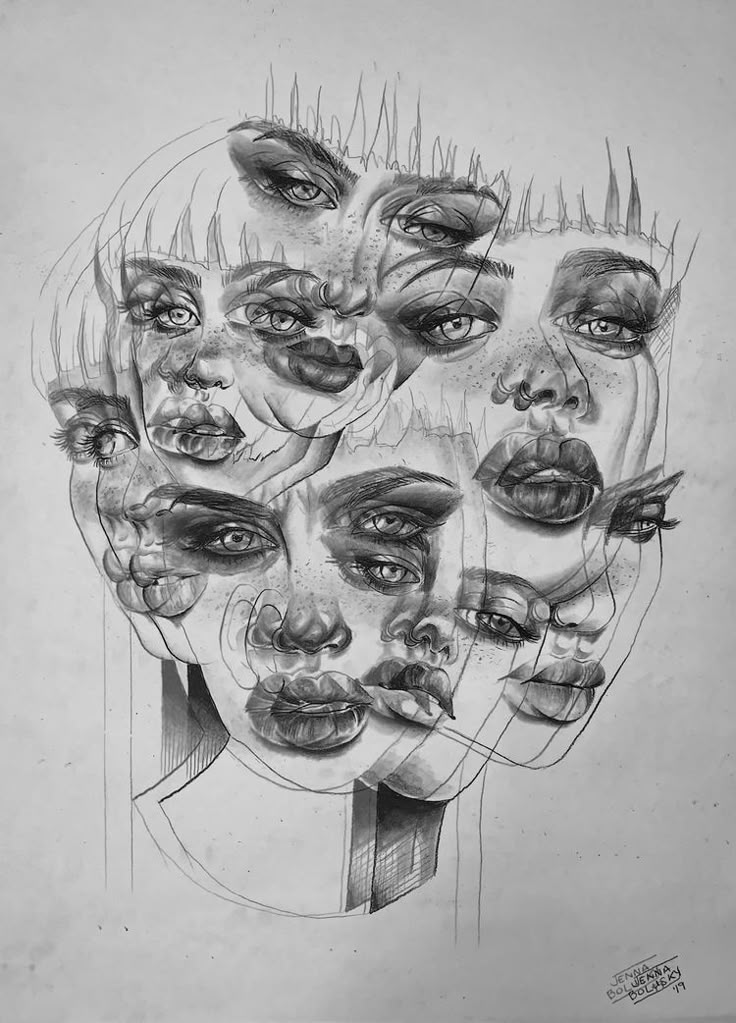 an artistic drawing with many different faces