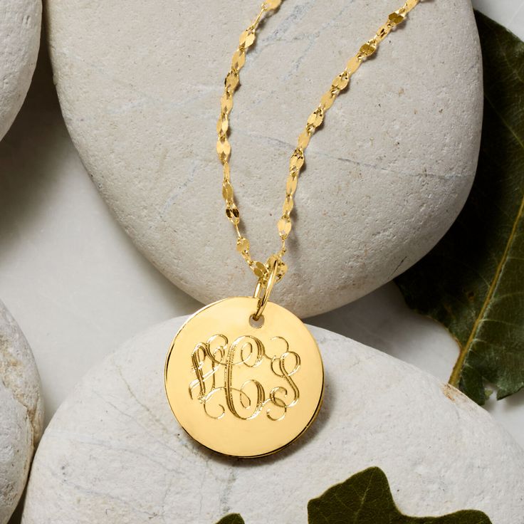 Ross-Simons - Single-Initial - Italian 14kt Yellow Gold Personalized Disc Necklace. 18". Make it personal! Shining in polished 14kt yellow gold, this stylish disc pendant necklace can be personalized with a single initial in script (shown) or block type. FREE engraving. Suspends from a Lumachina chain with a 2" extender. Made in Italy. Springring clasp, 14kt yellow gold disc pendant necklace. Gold Disc, Disc Pendant, Disc Necklace, A Monogram, Initials, Fine Jewelry, Monogram, In Italy, Yellow Gold