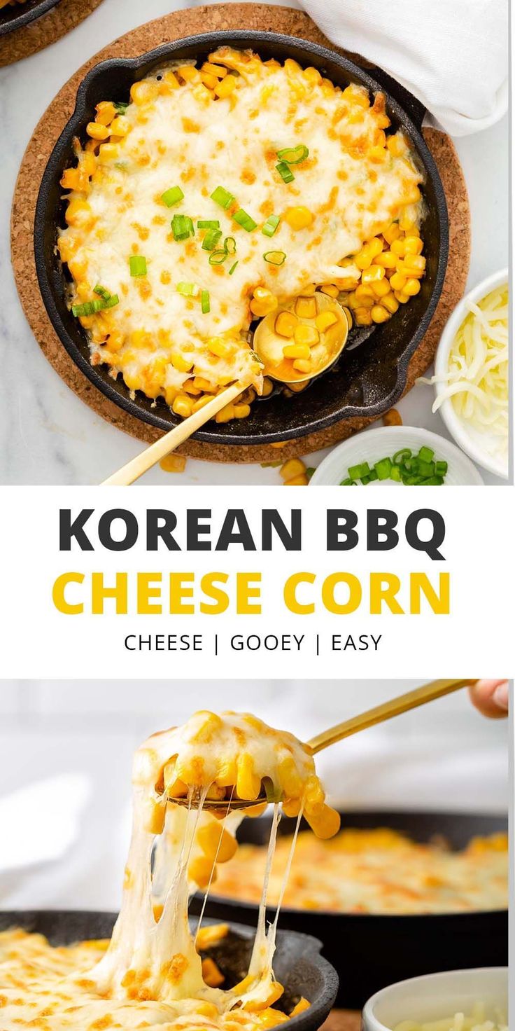 korean bbq cheese corn is being served in a cast iron skillet