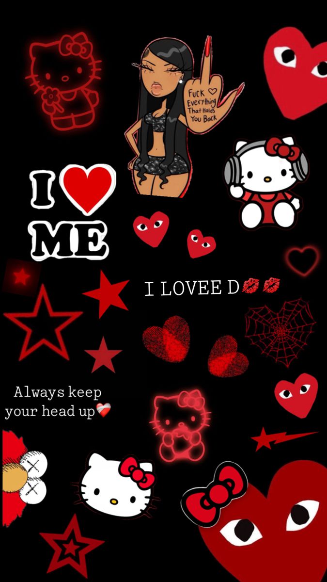 i love me stickers on a black background with red hearts and stars around it