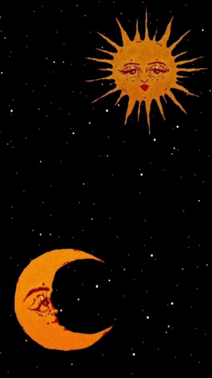 the sun and moon are in the night sky with stars above them, as well as an orange crescent