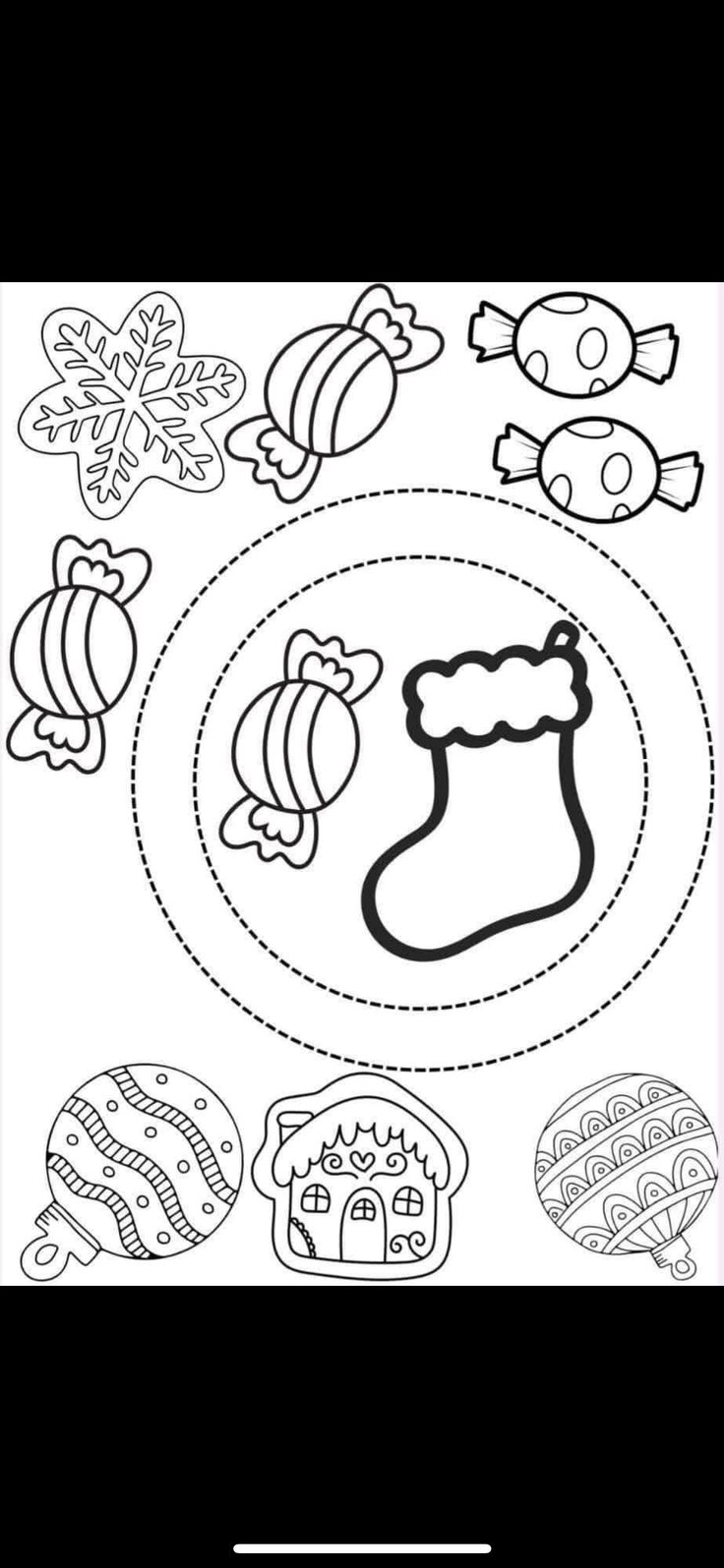 a coloring page with christmas decorations and stockings