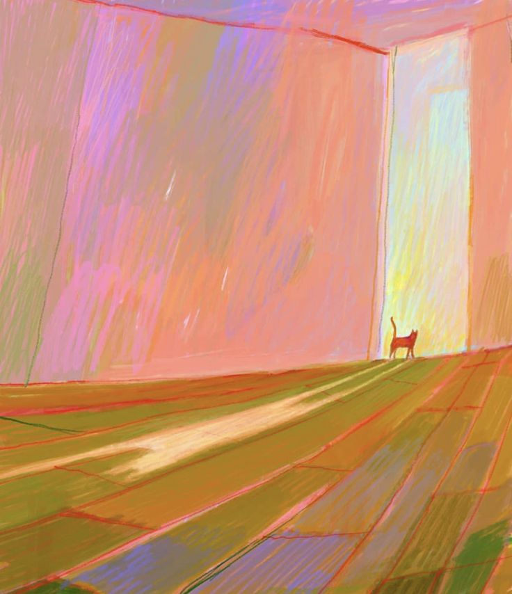 an abstract painting of a cat standing in the middle of a large room with bright colored walls