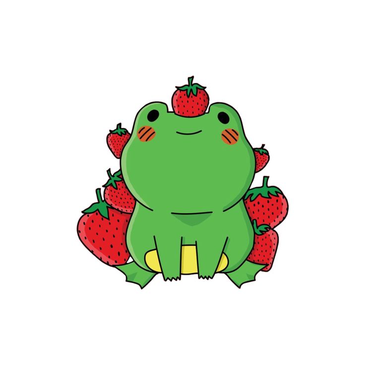 a green frog with strawberries on its back sitting in front of it's head