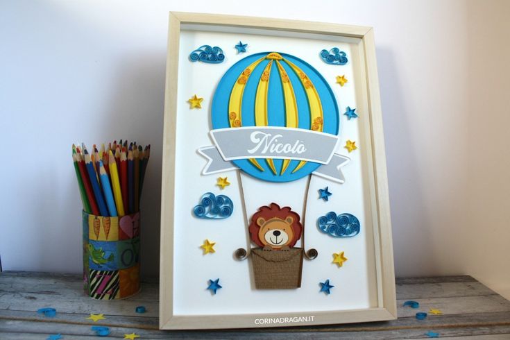 a card with a bear in a hot air balloon