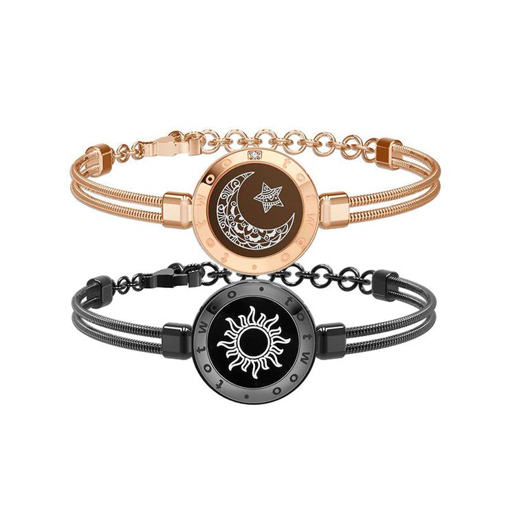 With our Set of Two Sun and Moon Bracelets, which feature dual-tone sun and moon patterns, you may embrace the harmony of the cosmos. The crescent moon charm on a warm brown cord and the bright sun charm on a sleek black cord, respectively, on one of the two bracelets in this pair represents the harmony of light and dark and day and night.The moon charm has a rose gold finish that adds a hint of heavenly charm, while the sun charm is crafted with great attention to detail and presented in a stri Long Distance Bracelets, Distance Bracelets, Smart Jewelry, Moon Bracelet, Bracelet Couple, Moon Light, Bracelets Set, Smart Bracelet, Gold Moon