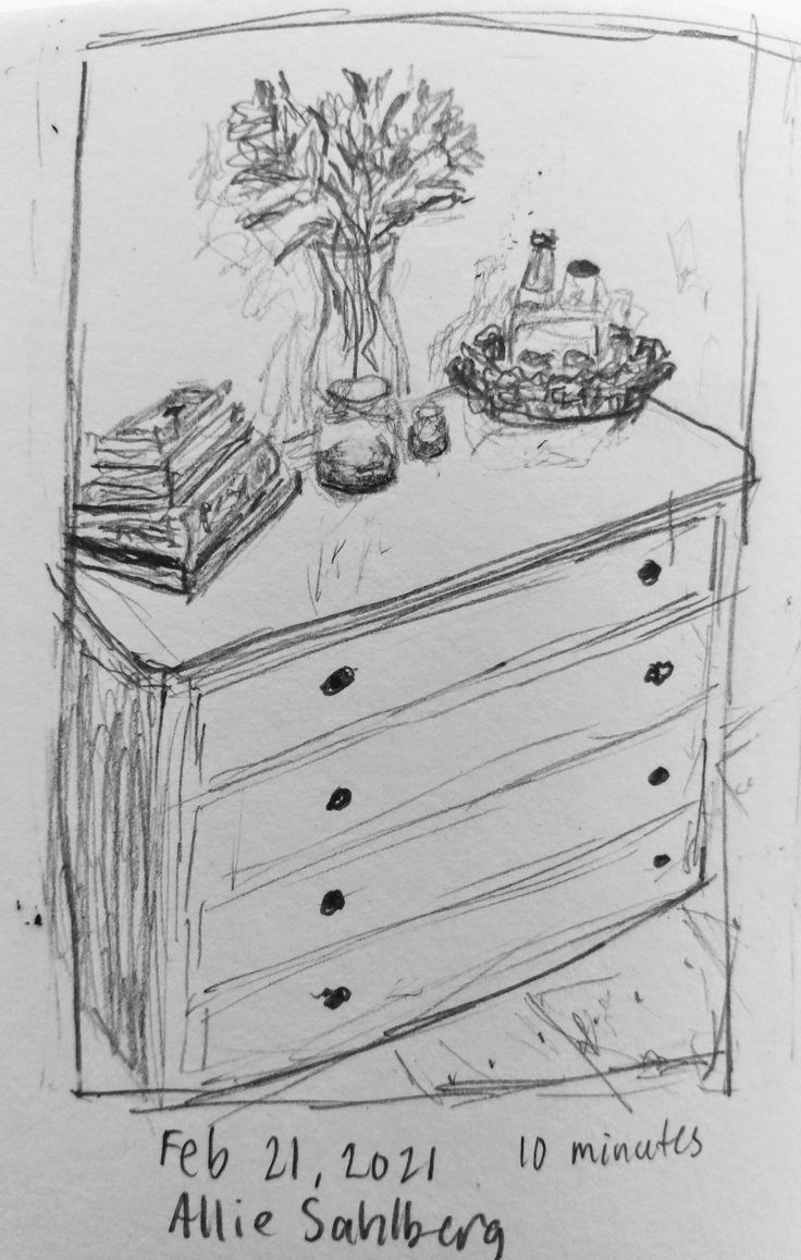 a drawing of a dresser with books and a potted plant sitting on top of it