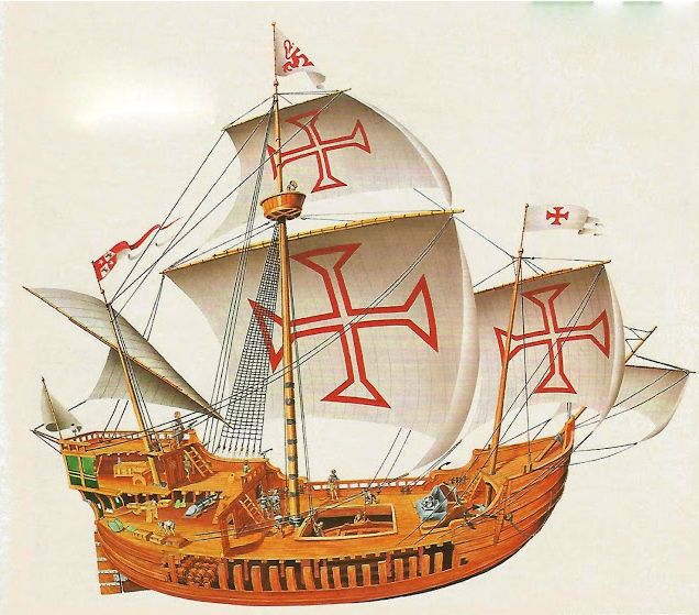 a drawing of a ship with red sails