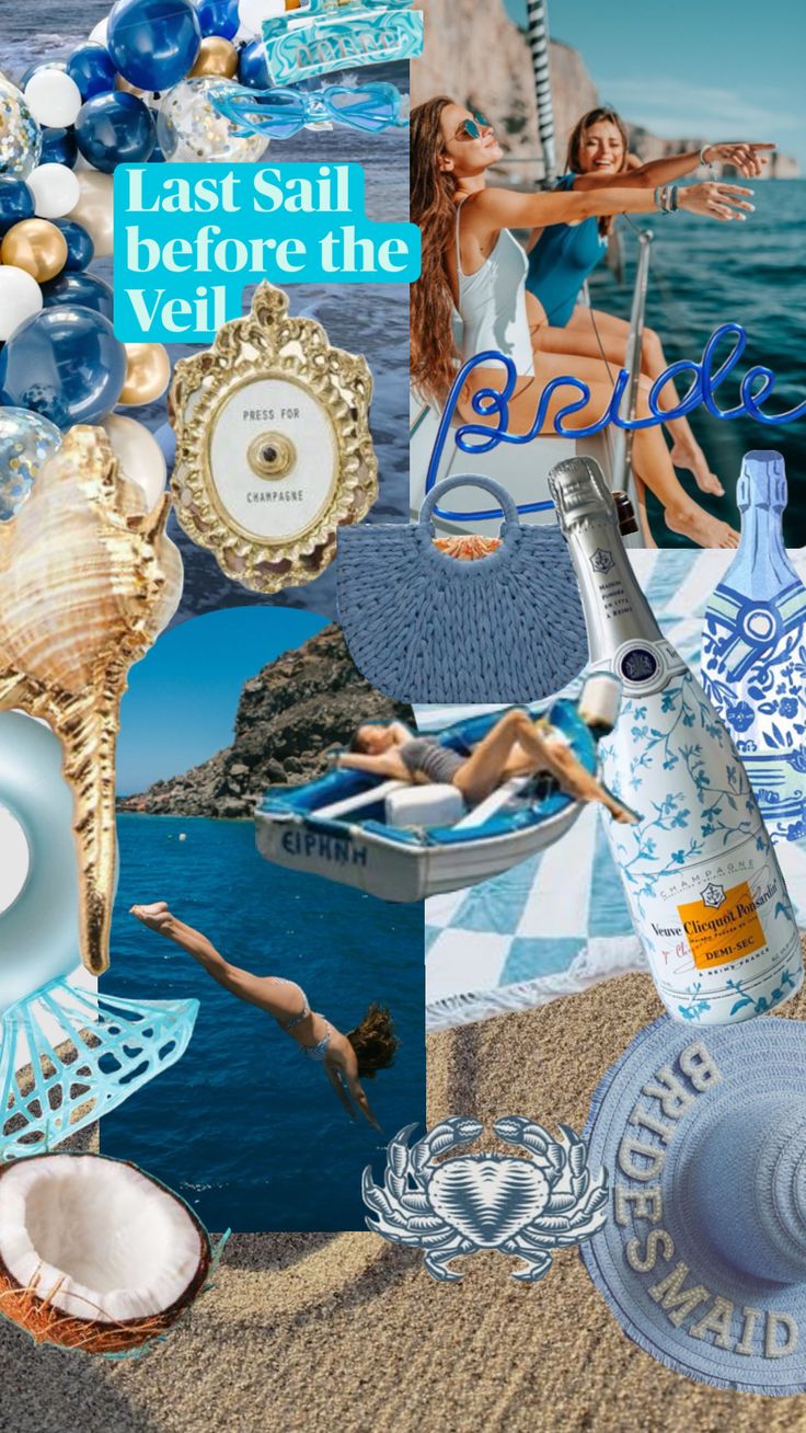 the collage has blue and white items, including a woman in a bathing suit