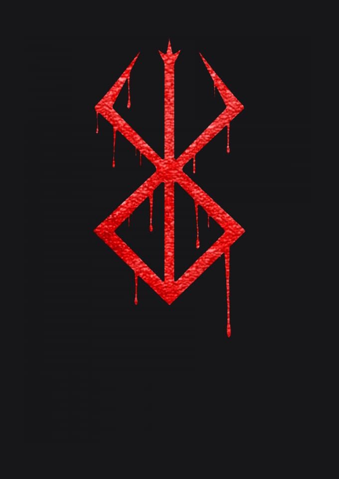 an arrow with blood dripping down it on a black background in the shape of a symbol