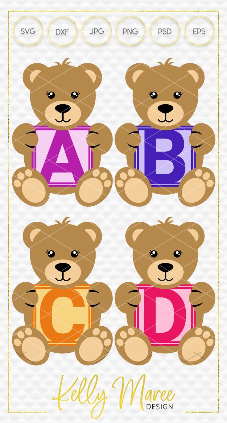 a teddy bear with the letter abc on it's chest is shown in three different colors