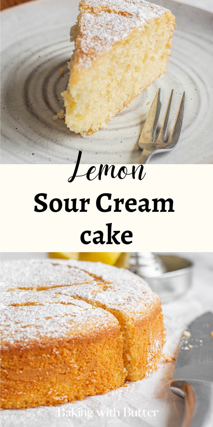 lemon sour cream cake with powdered sugar on top and the words, lemon sour cream cake