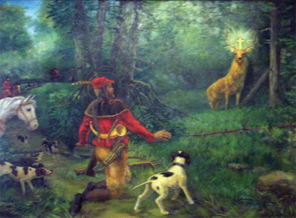 an oil painting of a man and his dogs in the woods with deer behind him