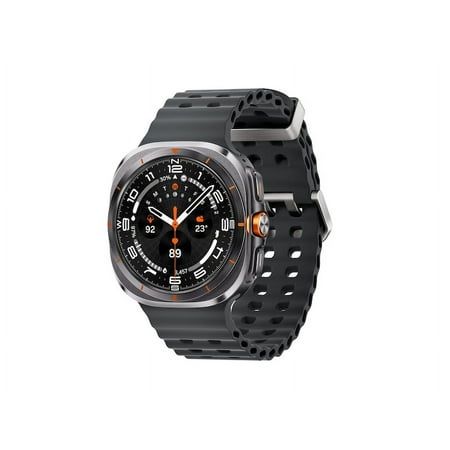 a watch with an orange second hand and black rubber band on a white background,