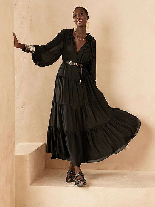 Tiered Maxi Dress | Banana Republic Beautiful Black Dresses, Maxi Dress Collection, Girls Maxi Dresses, Maxi Outfits, Ruffled Neckline, Pleated Maxi Dress, Silk Maxi Dress, The Drama, Striped Maxi Dresses