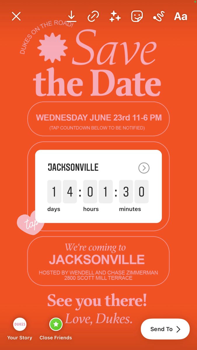 the save the date app is displayed on an orange background with white lettering and hearts