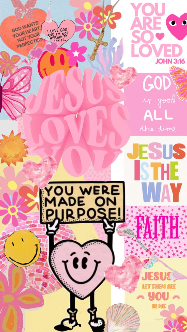 the words jesus loves all are written in pink and yellow