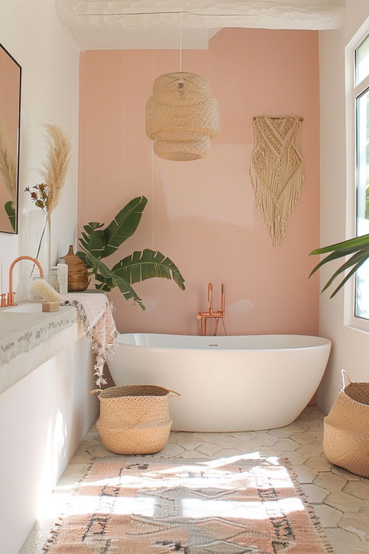 a white bath tub sitting next to a window in a bathroom under a light fixture