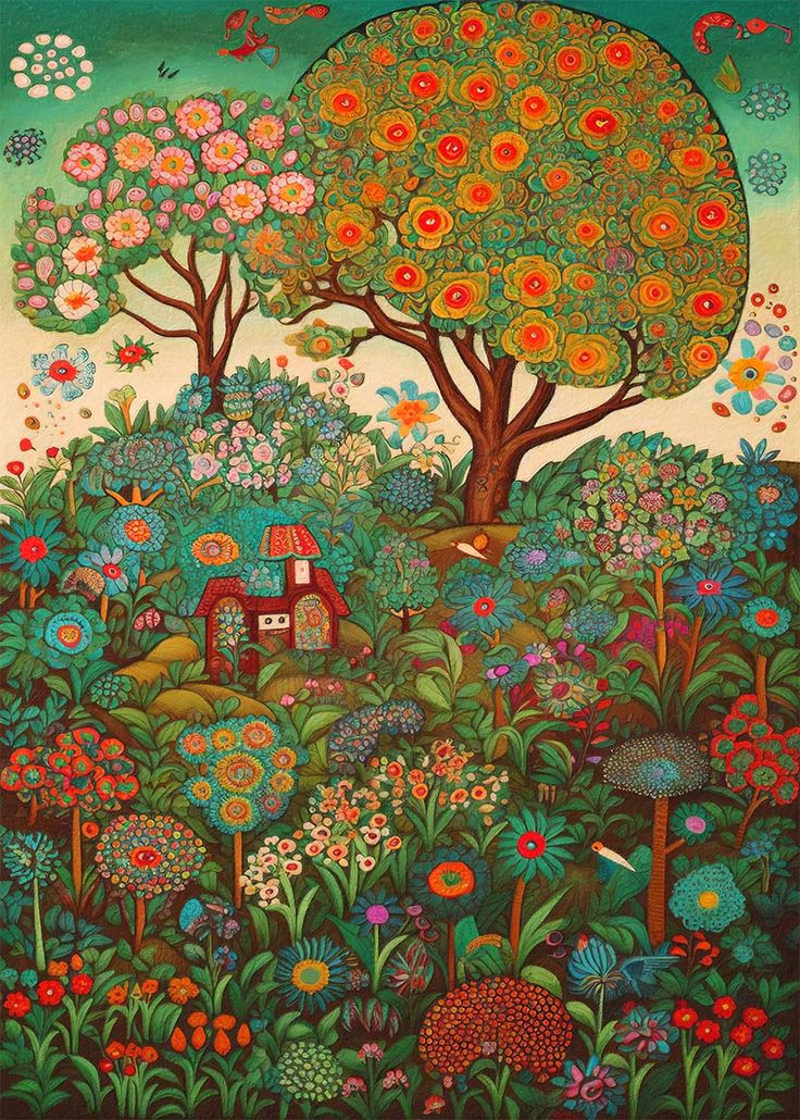 an image of a painting with flowers and trees in the foreground, on a green background