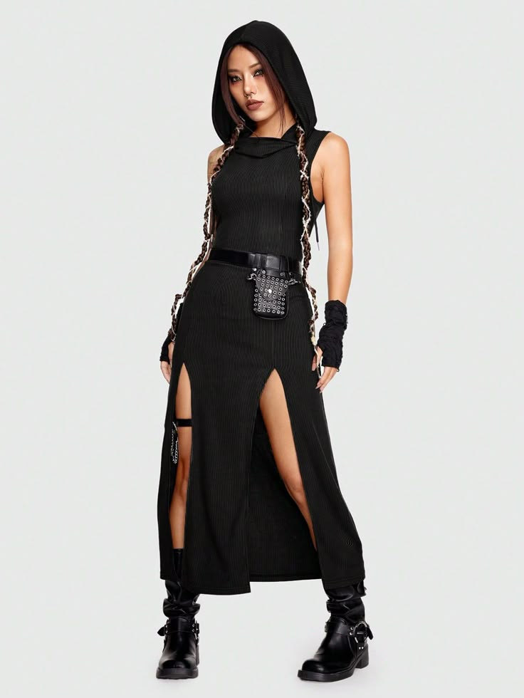 Women's High Slit Hooded Bodycon Dress Black Casual,Sexy  Sleeveless Fabric Plain Tank High Stretch  Women Clothing, size features are:Bust: ,Length: ,Sleeve Length: Cyberpunk Clothes Women, Futuristic Style Clothing, Grunge High Fashion, Casual Witch Outfit, Dystopian Dress, Tech Wear Women, Dark Fantasy Fashion, Cyberpunk Fashion Women, Cyberpunk Dress