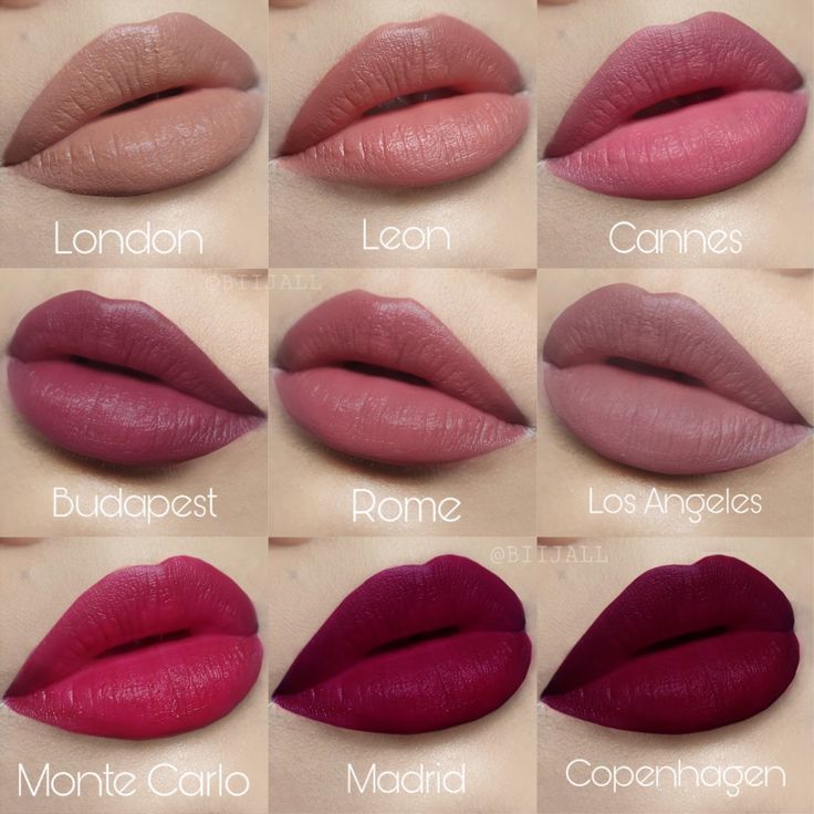 Nyx Smlc London, Leon, Cannes, Budapest, Rome, Los Angeles, Monte Carlo, Madrid, Copenhagen Swatch by @Biijall Nyx Soft Matte Lip Cream Swatches, Beauty Fotografie, Nyx Soft Matte Lip Cream, Nyx Soft Matte, Nyx Lipstick, Matte Colors, Soft Matte Lip Cream, Makeup Lessons, Eye Makeup Steps