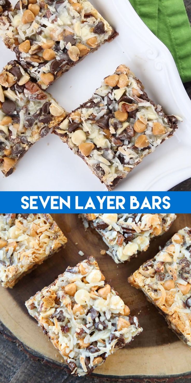 seven layer bars on a plate with nuts and chocolate in the middle, topped with coconut flakes