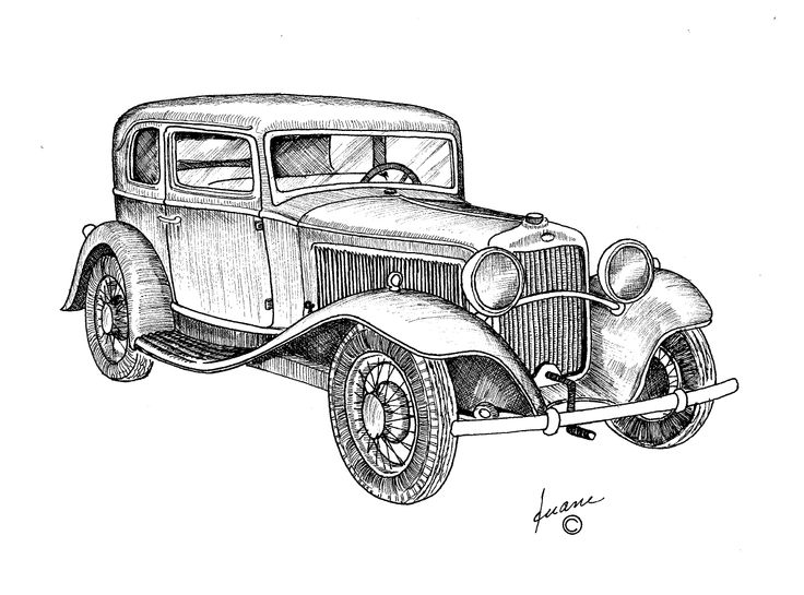 a drawing of an old fashioned car in black and white